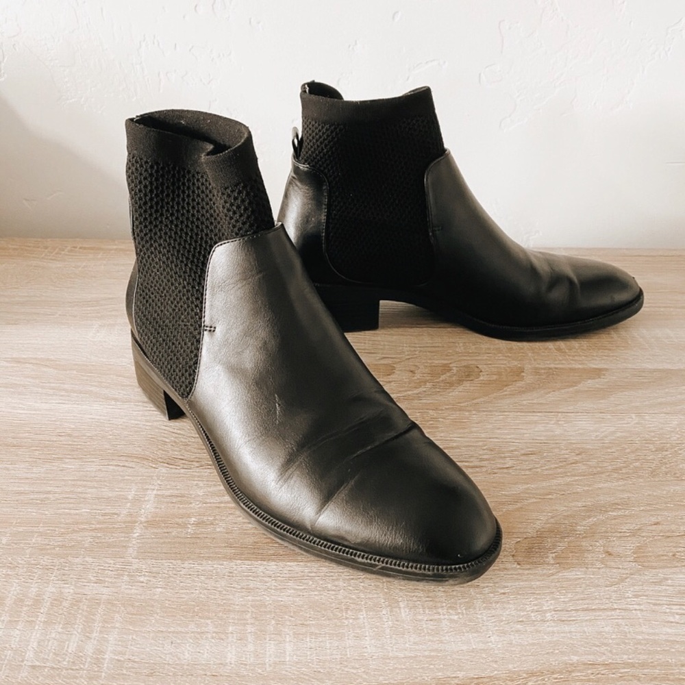 Zara | Black Ankle Knit Sock Leather Round Toe Bootie